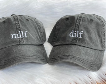 Custom Text Baseball Cap, milf hat, dilf hat, Embroidered Hat, Pigment Dyed Baseball Caps, Unisex Hats, Classic Dad Cap