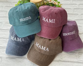 Custom Mom Hat,  Custom Text Embroidered Hat, Mommin’ Hat, Pregnancy Announcement Hat, Pigment dyed Vintage Style Caps, Classic Dad Cap