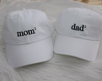 Mom and Dad Baseball Caps, Superscript Text, Pregnancy Announcement Hats, Set of 2 Pigment dyed Vintage Style Caps, Classic Dad Cap
