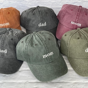 Mom Hat,  Dad Baseball Cap, Pregnancy Announcement Hat, Pigment dyed Vintage Style Caps, Classic Dad Cap