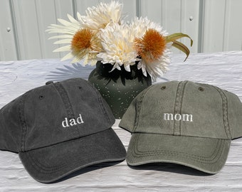Mom and Dad Pregnancy Announcement Hats: Set Of 2 Pigment Dyed Baseball Caps