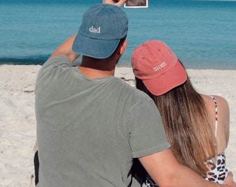 Mom and Dad Baseball Caps, Pregnancy Announcement Hats, Set of 2 Pigment dyed Vintage Style Caps, Classic Dad Cap