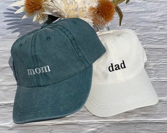 Mom and Dad Baseball Caps, Set of 2 Pregnancy Announcement Hats, Pigment dyed Vintage Style Caps, Low Profile Classic Dad Cap