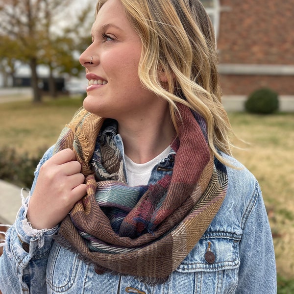 Plaid Infinity Scarf and Long Scarf, Tartan Scarf, Frayed Edge Scarf, Fall / Winter Scarf, Boho Earth Tone Plaid