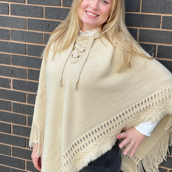 Woman's Poncho, One Size Fits Most, Hooded Poncho, Lace Up Poncho, Tassel Fringes, Crochet Poncho Sweater