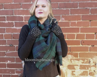 Blanket Scarf, Green-Navy-Black Plaid Scarf, Oversized Plaid Tartan, Winter Scarf, Christmas Gift For Him or Her