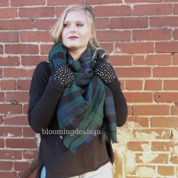 Blanket Scarf, Green-Navy-Black Plaid Scarf, Oversized Plaid Tartan, Winter Scarf, Christmas Gift For Him or Her