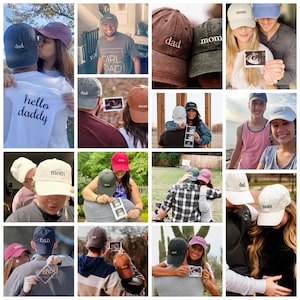 K&ouml;nnte beinhalten: Eine Collage aus Fotos, die Paare zeigen, die Baseballkappen mit den aufgestickten Worten "dad" und "mom" tragen. Einige der Paare halten Ultraschallbilder.