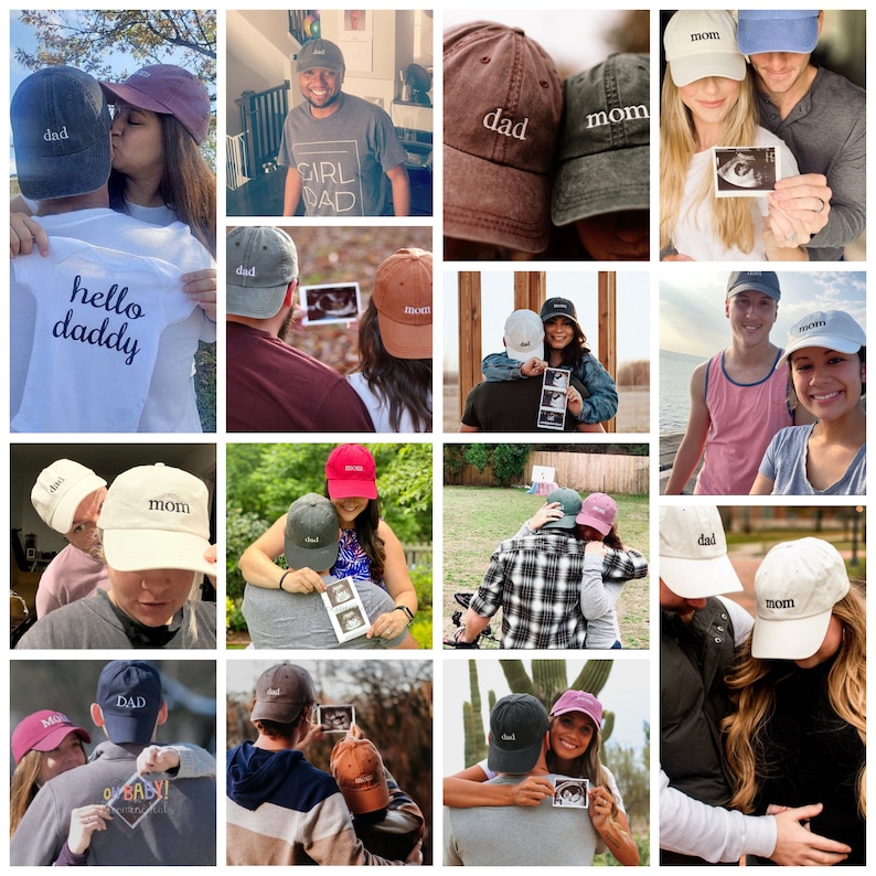 K&ouml;nnte beinhalten: Eine Collage aus Fotos, die Paare zeigen, die Baseballkappen mit den aufgestickten Worten "dad" und "mom" tragen. Einige der Paare halten Ultraschallbilder.