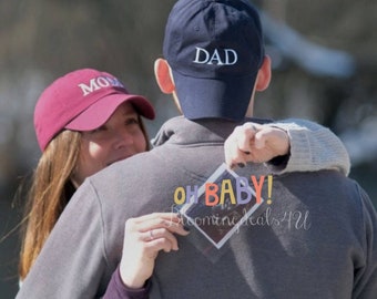 MOM and DAD Baseball Caps- All Capital Letters, Pregnancy Announcement Hats, Set of 2 Hats,  Pigment dyed and Solid Color Classic Dad Cap
