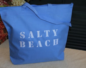 SALTY BEACH, Embroidery, Beach Bag, Bachelorette Travel Bag, Blue Beach Bag, Zip Closure Tote Bag
