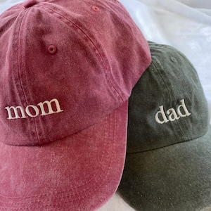 Mom and Dad Baseball Caps, Set of 2 Pregnancy Announcement Hats, Pigment dyed Vintage Style Caps, Classic Dad Cap