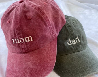 Mom and Dad Baseball Caps, Set of 2 Pregnancy Announcement Hats, Pigment dyed Vintage Style Caps, Classic Dad Cap