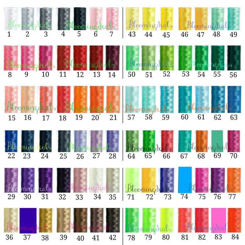 May include: A chart of 84 different colors of embroidery floss, arranged in rows of seven. The floss is wound around small cardboard spools. The spools are labeled with numbers 1 through 84.