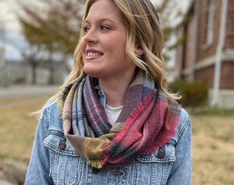 Plaid Infinity Scarf, Tartan Scarf, Caramel-Blue-Purples Plaid Infinity Scarf, Frayed Edge Scarf, Fall / Winter Scarf, Boho Earth Tone Plaid