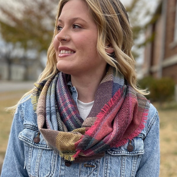 Plaid Infinity Scarf, Tartan Scarf, Caramel-Blue-Purples Plaid Infinity Scarf, Frayed Edge Scarf, Fall / Winter Scarf, Boho Earth Tone Plaid