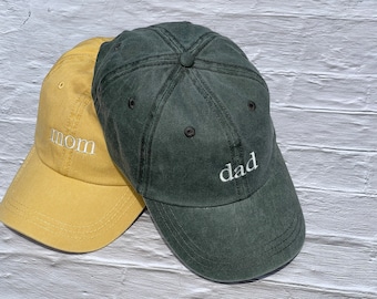 Mom and Dad Baseball Caps, Set of 2 Pregnancy Announcement Hats, Pigment dyed Vintage Style Caps, Classic Dad Cap