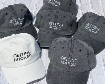 Bachelorette Party Embroidered Baseball Caps, Getting Married, Gettin' Margs, Party Hats, Bachelor Party Hats, Brew Crew, Gettin' Hitched