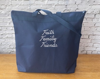 Faith Family Friends Tote Bag,  Embroidered Bag,  Zip Closure Bag, Spiritual Tote Bag