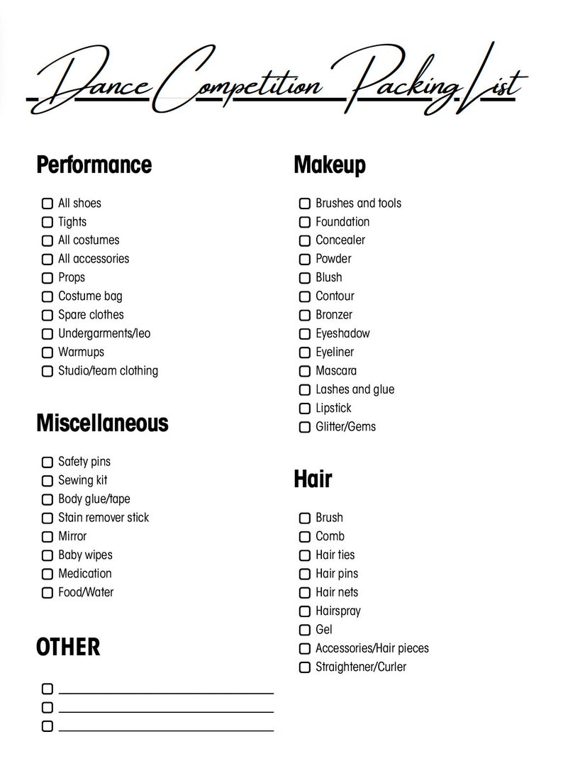 Dance Competition Packing List Printable Comp Day List Download. Etsy