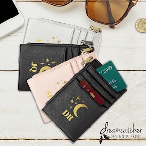 Personalisierte Initialen Mond und Sterne Kunstleder Kartenhalter Geldbörse | Benutzerdefinierte Gold gedruckte Monogramm Karte Brieftasche | Geschenk für Sie | Dabei