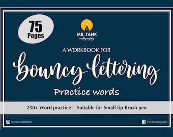 Bouncy lettering practice workbook, Brush calligraphy practice sheet, Bouncy Word practice book for small tip brush pen. [Print + Procreate]