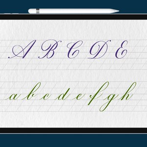 May include: A digital tablet screen displaying a handwritten alphabet in cursive. The letters A, B, C, D, and E are written in purple ink, while the lowercase letters a, b, c, d, e, f, g, and h are written in green ink.