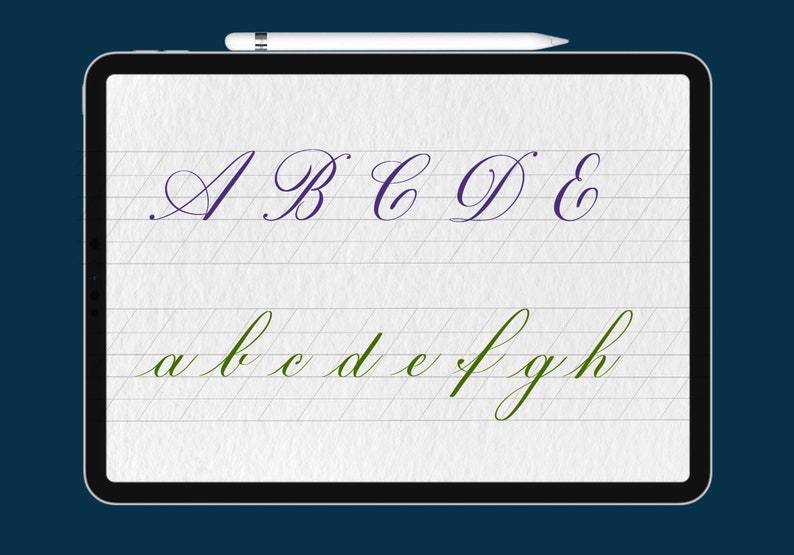 May include: A digital tablet screen displaying a handwritten alphabet in cursive. The letters A, B, C, D, and E are written in purple ink, while the lowercase letters a, b, c, d, e, f, g, and h are written in green ink.