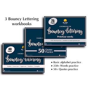 May include: Three workbooks for practicing bouncy lettering. The workbooks are blue with white text and feature the title "bouncy lettering". The workbooks have 40, 50, and 75 pages. The workbooks include practice for basic alphabet, words, and quotes.