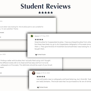 May include: Four customer reviews for digital brushes for use in the Procreate app. The reviews are all five stars and include comments about the quality of the brushes and how easy they are to use.