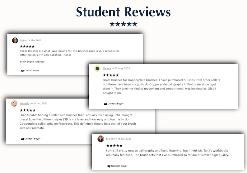 May include: Four customer reviews for digital brushes for use in the Procreate app. The reviews are all five stars and include comments about the quality of the brushes and how easy they are to use.