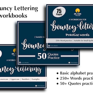 3 Bouncy lettering workbook, Basic Words Quotes. All 3 Bouncy lettering workbooks with A to Z practice. Procreate and printable workbook image 1