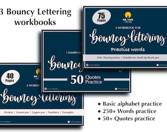 3 Bouncy lettering workbook, Basic + Words + Quotes. All 3 Bouncy lettering workbooks with A to Z practice. Procreate and printable workbook