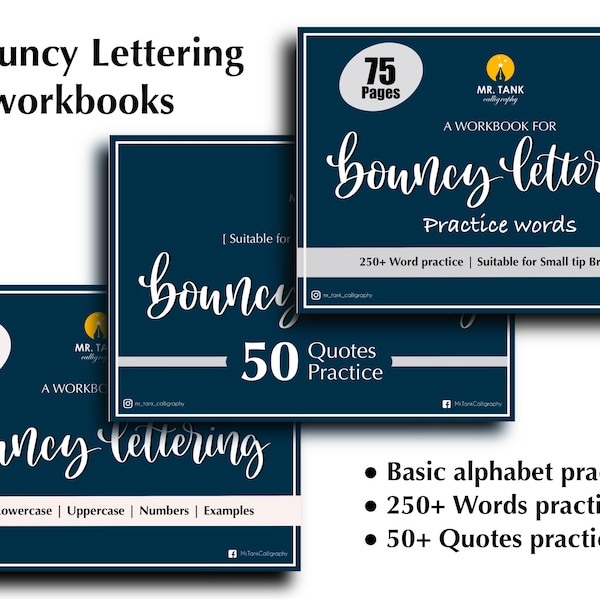 3 Bouncy Lettering Workbook, Basic + Wörter + Zitate. Alle 3 Bouncy Lettering Arbeitshefte mit A bis Z Übung. Procreate und druckbares Arbeitsheft