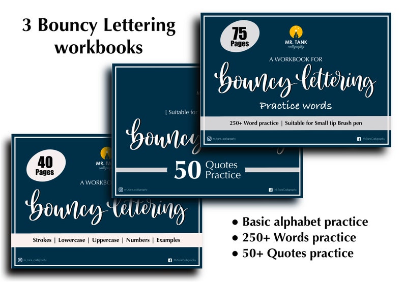 3 Bouncy lettering workbook, Basic Words Quotes. All 3 Bouncy lettering workbooks with A to Z practice. Procreate and printable workbook 画像 1