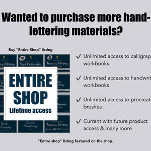 Op de afbeelding: Een grafiek die de voordelen laat zien van het kopen van een "Complete Shop"-vermelding voor kalligrafie- en lettermaterialen. De vermelding omvat onbeperkte toegang tot kalligrafie- en handschriftwerkboeken, procreate-penselen en toekomstige producttoegang. De grafiek heeft een blauw en wit kleurenschema met een zwart vierkant waarop "Complete Shop" in witte tekst staat en "Levenslange toegang" in kleinere witte tekst.