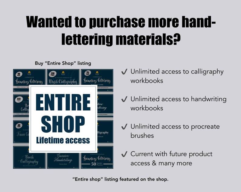 Op de afbeelding: Een grafiek die de voordelen laat zien van het kopen van een "Complete Shop"-vermelding voor kalligrafie- en lettermaterialen. De vermelding omvat onbeperkte toegang tot kalligrafie- en handschriftwerkboeken, procreate-penselen en toekomstige producttoegang. De grafiek heeft een blauw en wit kleurenschema met een zwart vierkant waarop "Complete Shop" in witte tekst staat en "Levenslange toegang" in kleinere witte tekst.