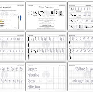Op de afbeelding: Een zwart-witte printbare werkblaad met instructies voor het oefenen van Fraktur-kalligrafie. Het werkblad bevat voorbeelden van lettervormen, verhoudingen en oefenlijnen voor verschillende letters. De tekst op het werkblad bevat "Tools & Materials", "Fraktur Proportions", "Inspire", "Flourish", "Grace", "Mastery", "Believe in yourself", en "Stronger than yesterday".