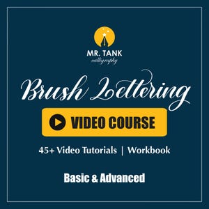 May include: A navy blue graphic with the text "MR. TANK calligraphy" and "Brush Lettering." A yellow rectangle reads "VIDEO COURSE" with a play button. Additional text includes "45+ Video Tutorials | Workbook" and "Basic & Advanced."