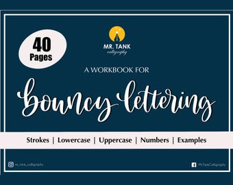 Bouncy lettering workbook for beginners, Basic hand lettering guide, Small tip brush calligraphy practice book printable and Procreate,