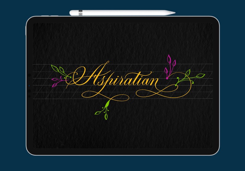 May include: A digital drawing of the word "Aspiration" in gold cursive script with green and purple floral accents on a black background.