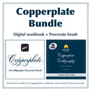 Guia para iniciantes em caligrafia Copperplate com pincel Procreate, caderno de exercícios com caneta de ponta fina e pincel Procreate para prática de lettering digital.