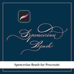 May include: A digital illustration of a brush for the Procreate app. The brush is designed to mimic Spencerian script, a type of cursive handwriting. The illustration is on a dark blue background with the Procreate logo in the top left corner.