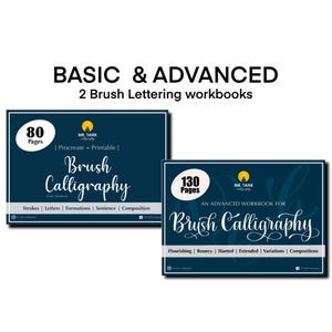 Basic + Advanced Brush Lettering Workbook, Brush calligraphy practice, Hand lettering guide, [2 workbooks 80+130 pages] Print & Procreate