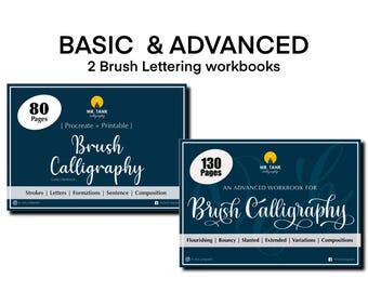 Basic + Advanced Brush Lettering Workbook, Brush calligraphy practice, Hand lettering guide, [2 workbooks 80+130 pages] Print & Procreate