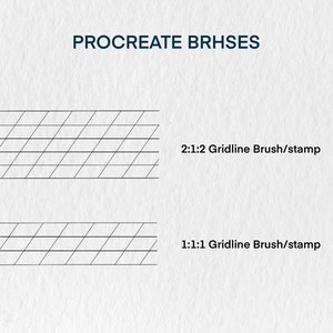 May include: Two black and white gridline brushes for Procreate, showing the different ratios of the gridlines. The top brush is labeled "2:1:2 Gridline Brush/stamp" and the bottom brush is labeled "1:1:1 Gridline Brush/stamp".