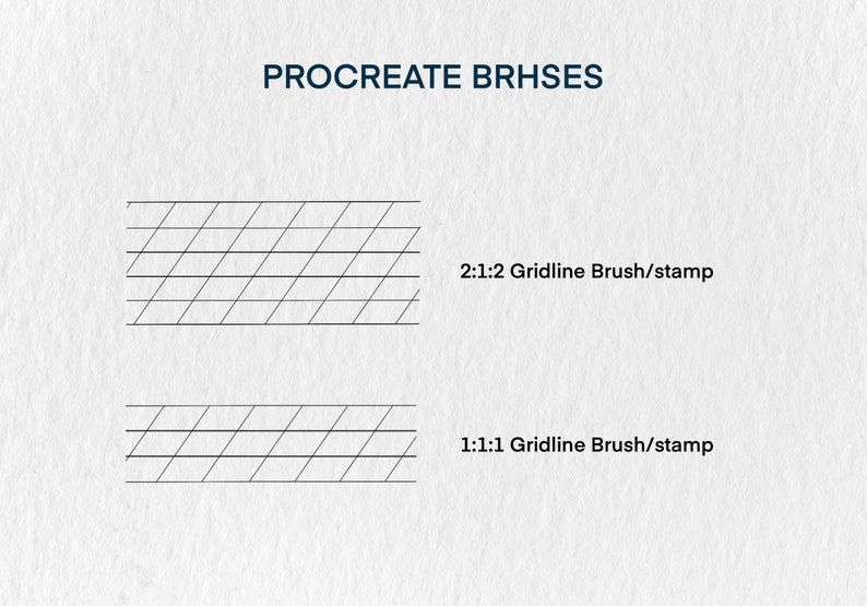 May include: Two black and white gridline brushes for Procreate, showing the different ratios of the gridlines. The top brush is labeled "2:1:2 Gridline Brush/stamp" and the bottom brush is labeled "1:1:1 Gridline Brush/stamp".