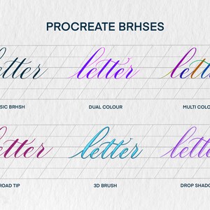 May include: A comparison of different Procreate brush styles for lettering. The word "letter" is written in six different styles: Classic Brush, Dual Color, Multi Color, Broad Tip, 3D Brush, and Drop Shadow.