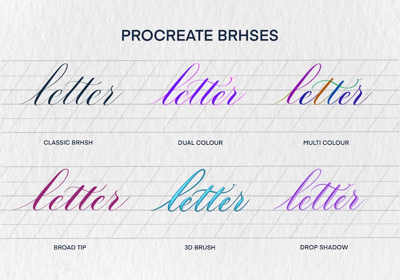 May include: A comparison of different Procreate brush styles for lettering. The word "letter" is written in six different styles: Classic Brush, Dual Color, Multi Color, Broad Tip, 3D Brush, and Drop Shadow.