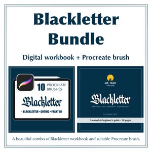 May include: A digital Blackletter bundle with a workbook and Procreate brush. The image shows a tablet with 10 Procreate brushes and a workbook with the text "Blackletter Fraktur Calligraphy Workbook".